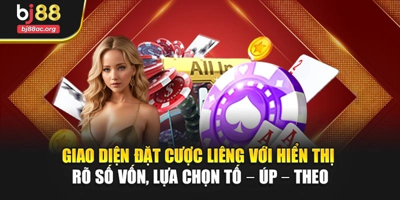 Giao diện đặt cược liêng với hiển thị rõ số vốn, lựa chọn tố – úp – theo