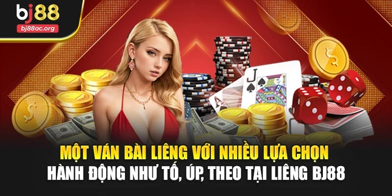 Một ván bài liêng với nhiều lựa chọn hành động như tố, úp, theo tại Liêng BJ88
